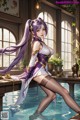 A woman with long purple hair sitting on a table in a pool.