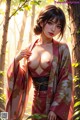 A woman in a kimono standing in the woods.