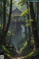 A woman walking down a path in front of a tree house.