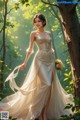 A woman in a wedding dress standing in the woods.