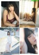 A collage of photos of a woman sitting on a bed.