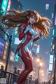 A woman in a red and white outfit standing in the middle of a city.